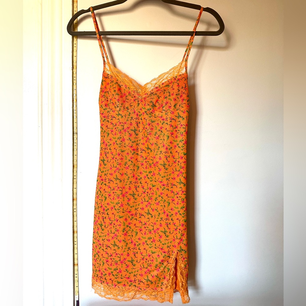Orange Bodycon Mesh Dress with Lace detail